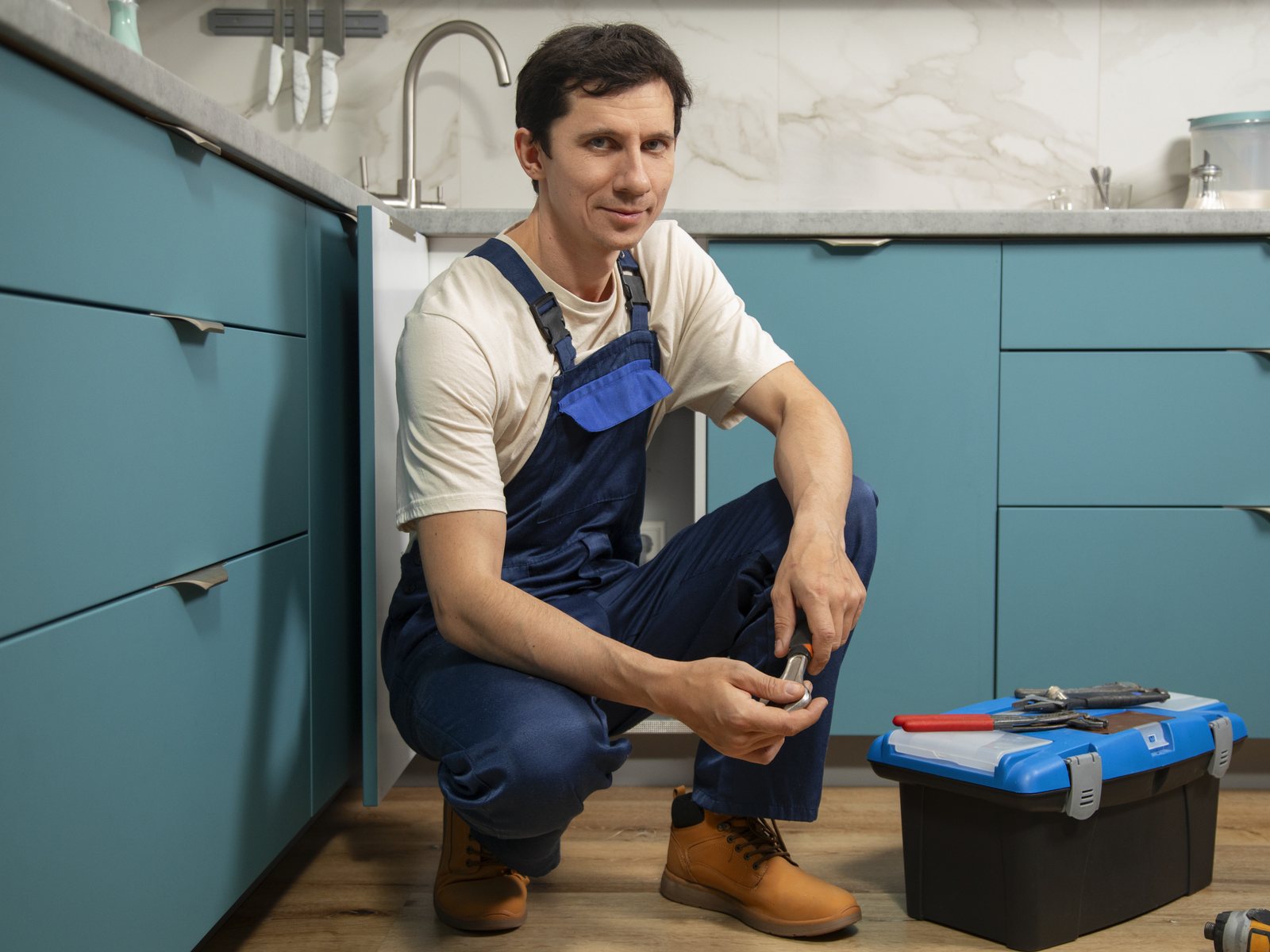 A generic stock photograph of a plumber posing in a kitchen
